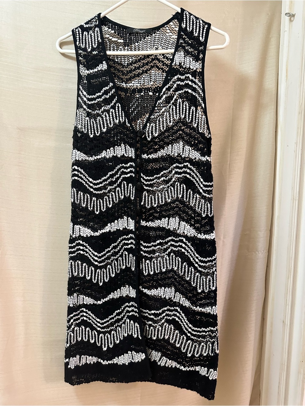 Peruzzi Black White Crochet Knit Cover Up Duster Button Front Beach Size S